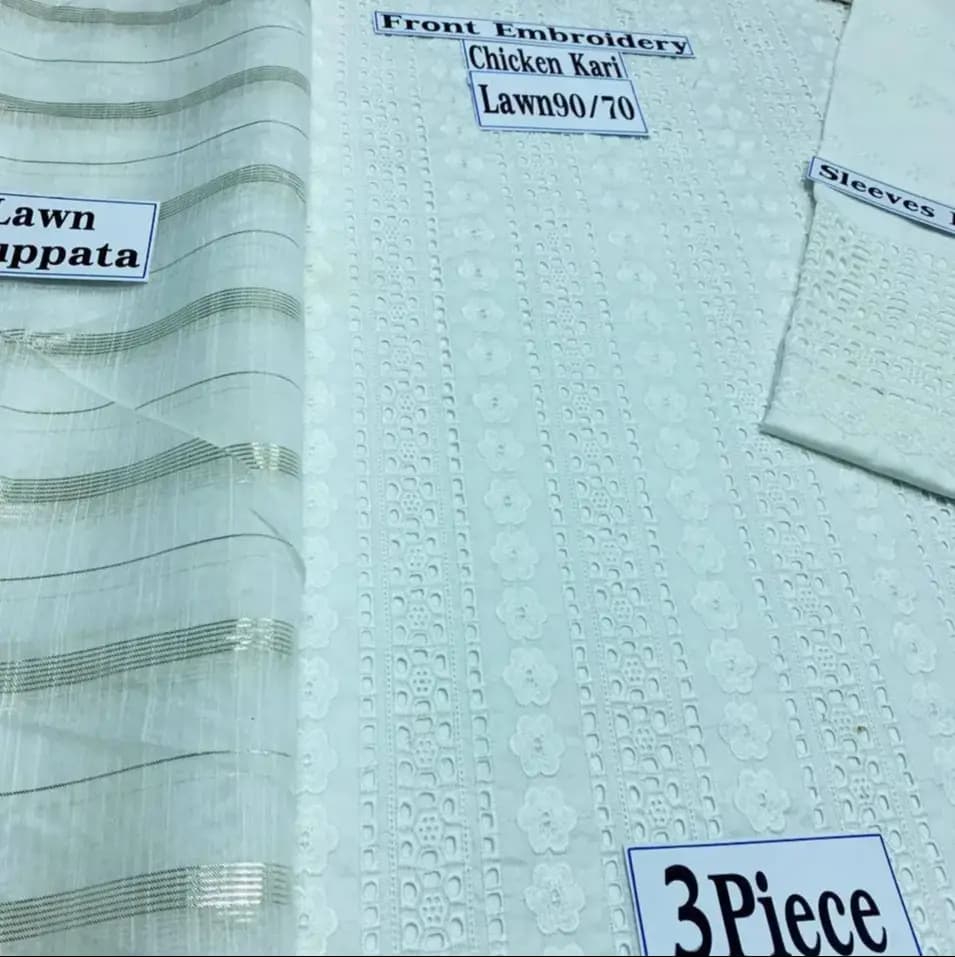 3 pcs unstitched lawn suit , Full Chikankari Embroided