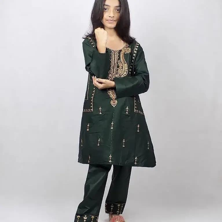2  Pcs Stitched Girls Embroided Cotton Suit